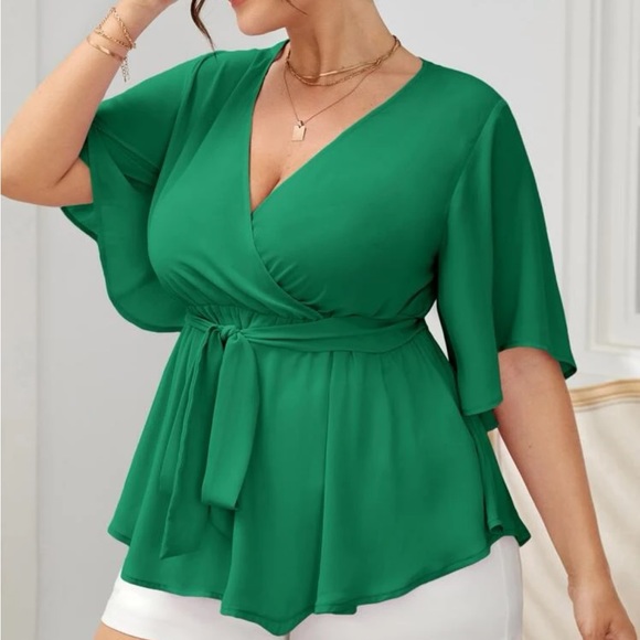 Plus Size Butterfly Peplum Sleeve Belted Top Blouse Shirt Green - Picture 4 of 6